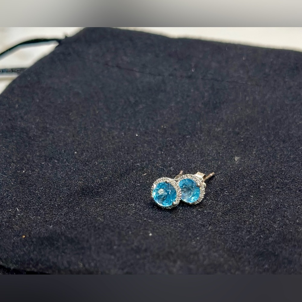 Classic Aquamarine and Diamond Halo Stud Earrings.